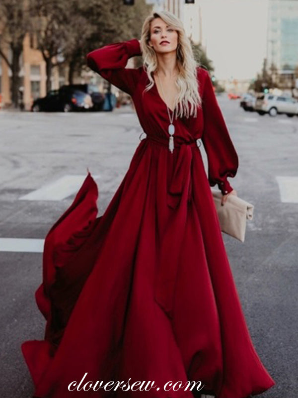V-neck Long Sleeves Deep Red Chiffon High Slit Prom Dresses,CP0004