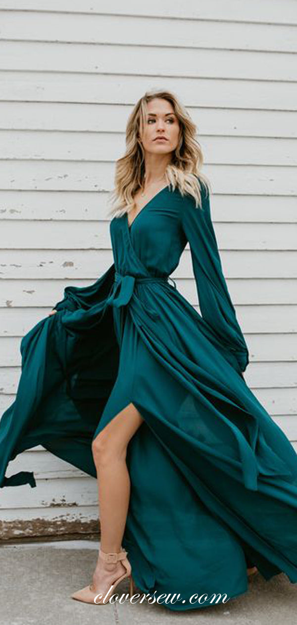 V-Neck Long Sleeves Teal Chiffon High Slit Prom Dresses,CP0003 US12 / As Pic V-Neck Long Sleeves Teal Chiffon High Slit Prom Dresses,CP0003 US12 / As Pic