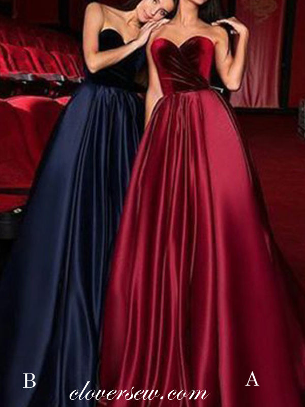 Velvet Top Satin Sweetheart Strapless A-line Prom Dresses ,CP0322