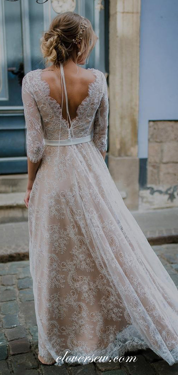 Vintage Half Sleeves Nude Lace V-back A-line Wedding Dresses ,CW0156