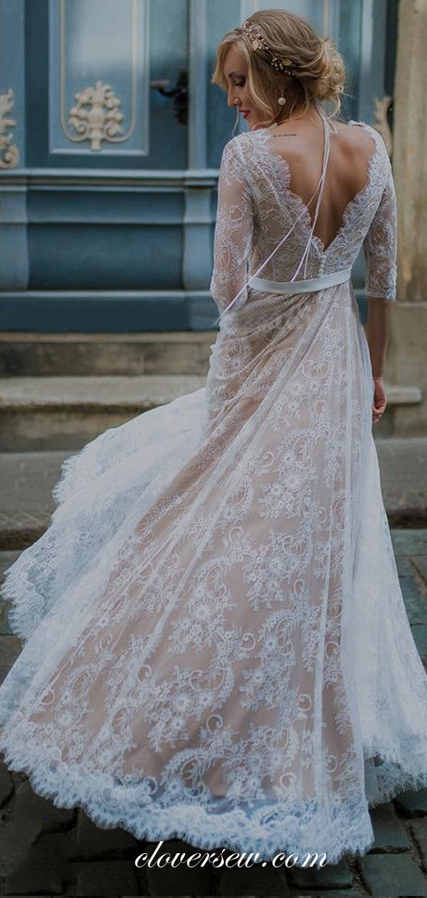 Vintage Half Sleeves Nude Lace V-back A-line Wedding Dresses ,CW0156 clover sew Vintage Half Sleeves Nude Lace V-back A-line Wedding Dresses ,CW0156 clover sew