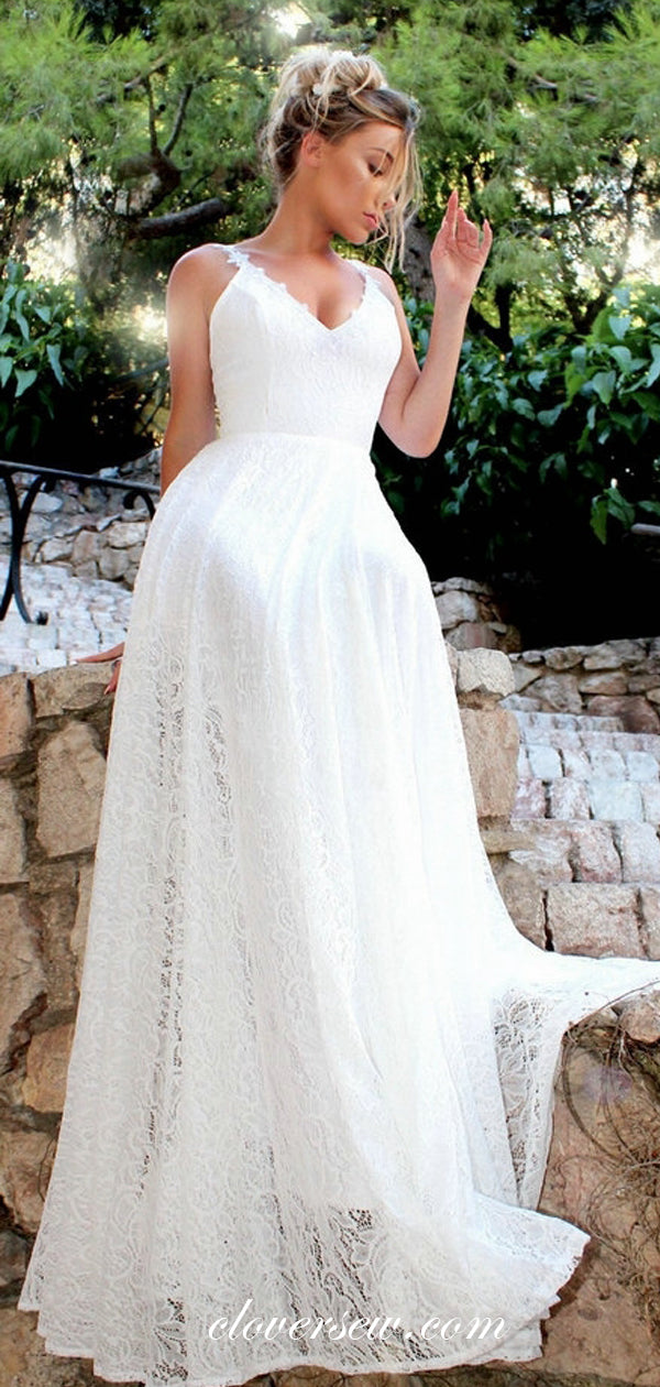Vintage Lace Open Back A-line Beach Wedding Dresses, CW0180