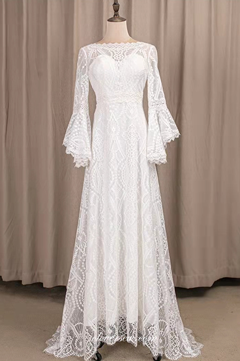 Vintage Lace Scoop Neck Long Sleeves Boho Wedding Dresses, CW0278