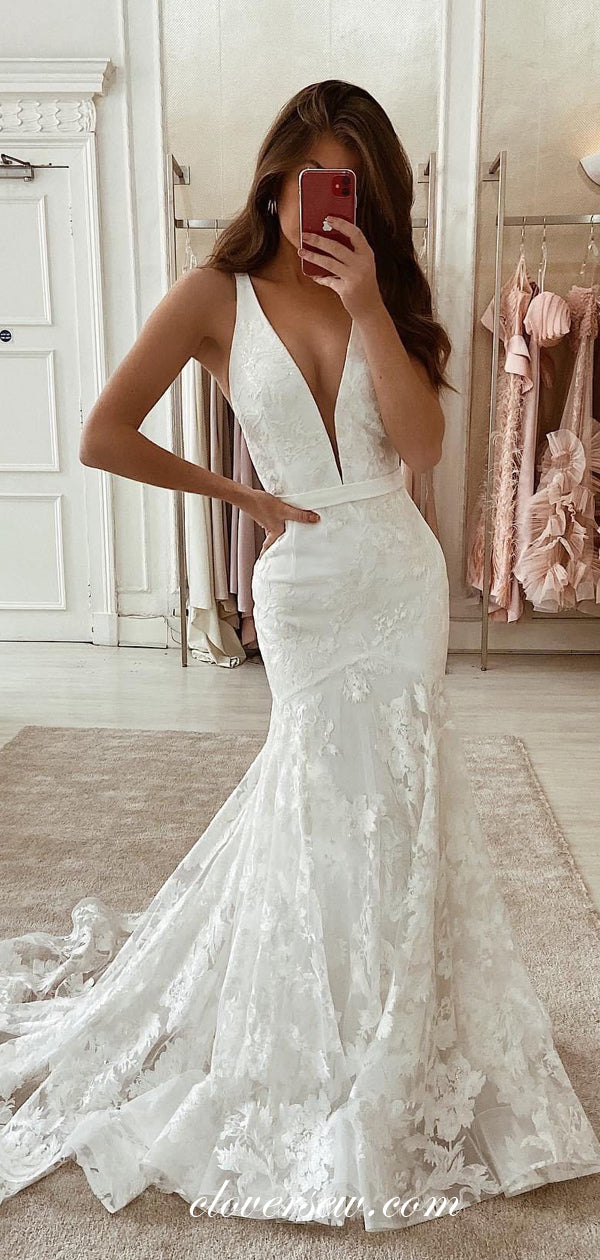 Vintage Lace Sleeveless Mermaid V-Neck Wedding Dresses, CW0186 US10 / As Pic