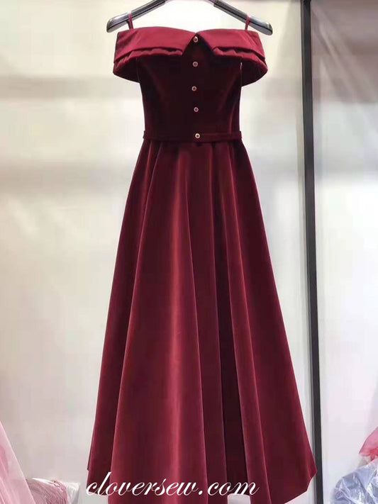 Vintage Burgundy Velvet Off The Shoulder A-line Prom Dresses,CP0165