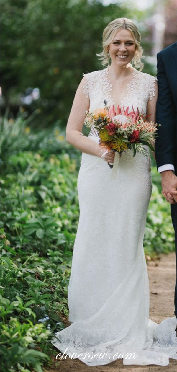 Vintage Ivory Lace Illusion Open Back Column Wedding Dresses, CW0026 Vintage Ivory Lace Illusion Open Back Column Wedding Dresses, CW0026