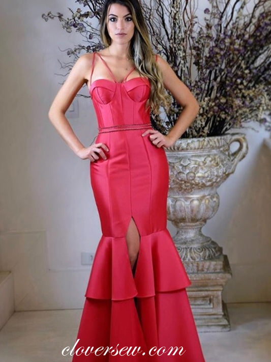 Watermelon Red Satin Spaghetti Strap Mermaid Tiered Slit Prom Dresses,CP0408