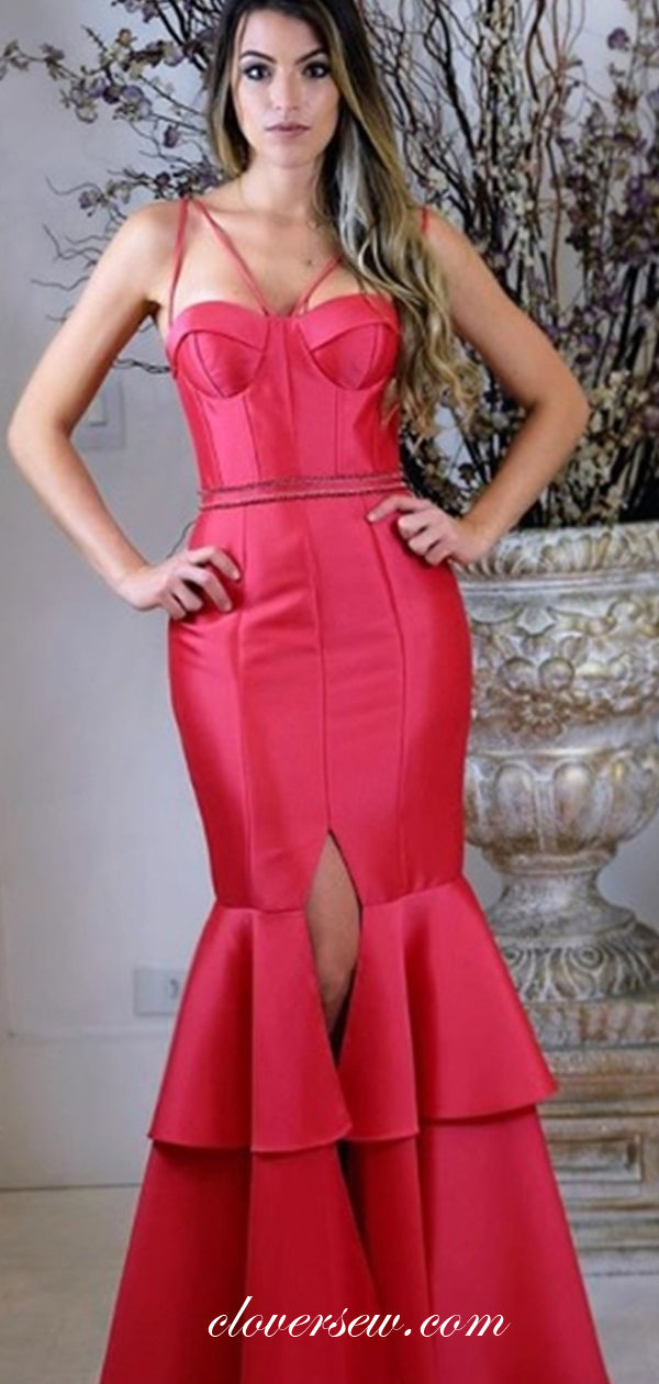 Watermelon Red Satin Spaghetti Strap Mermaid Tiered Slit Prom Dresses, clover sew Watermelon Red Satin Spaghetti Strap Mermaid Tiered Slit Prom Dresses, clover sew