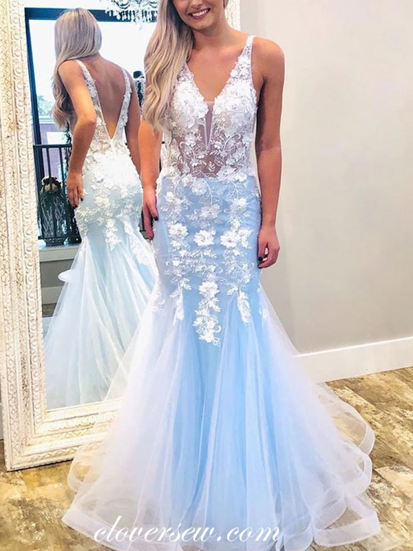 White Applique Pale Blue See Through Sheath Prom Dresses, CP0525 clover sew White Applique Pale Blue See Through Sheath Prom Dresses, CP0525 clover sew