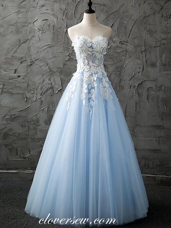 White Applique Pale Blue Tulle Strapless A-line Prom Dresses, CP0536