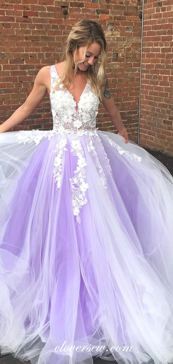 White Applique Tulle Purple V-neck Sleeveless A-line Prom Dresses, CP0541