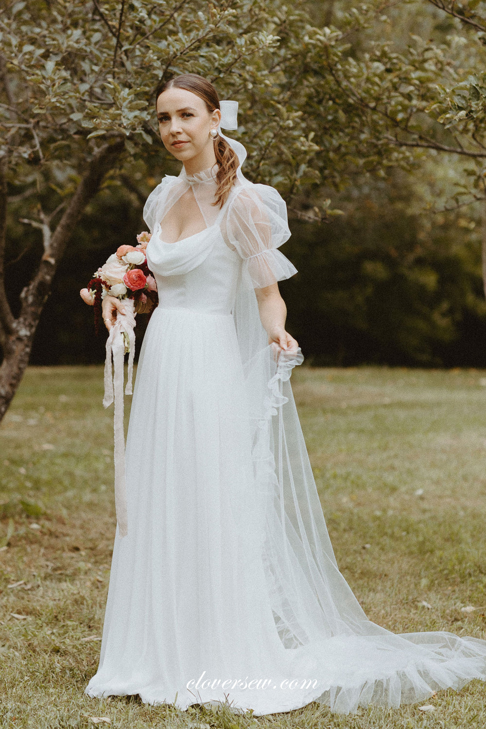 White Chiffon Spaghetti Strap Column Convertible Cloak Wedding Dresses, CW0321