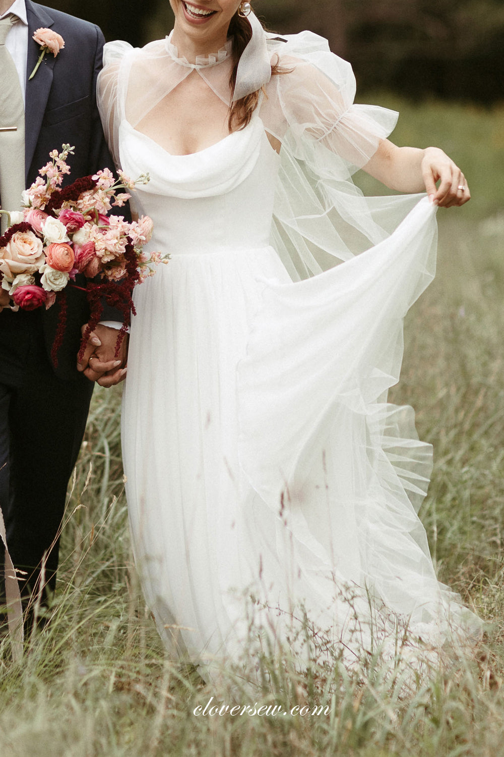 White Chiffon Spaghetti Strap Column Convertible Cloak Wedding Dresses, CW0321