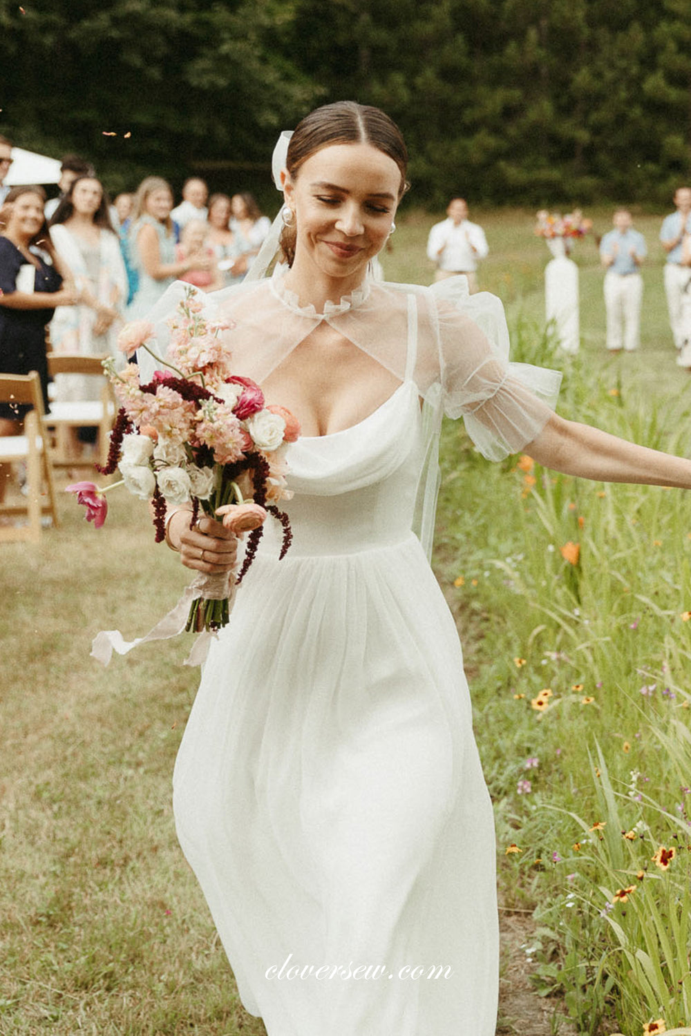 White Chiffon Spaghetti Strap Column Convertible Cloak Wedding Dresses, CW0321