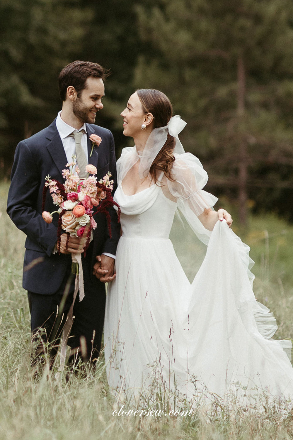 White Chiffon Spaghetti Strap Column Convertible Cloak Wedding Dresses, CW0321