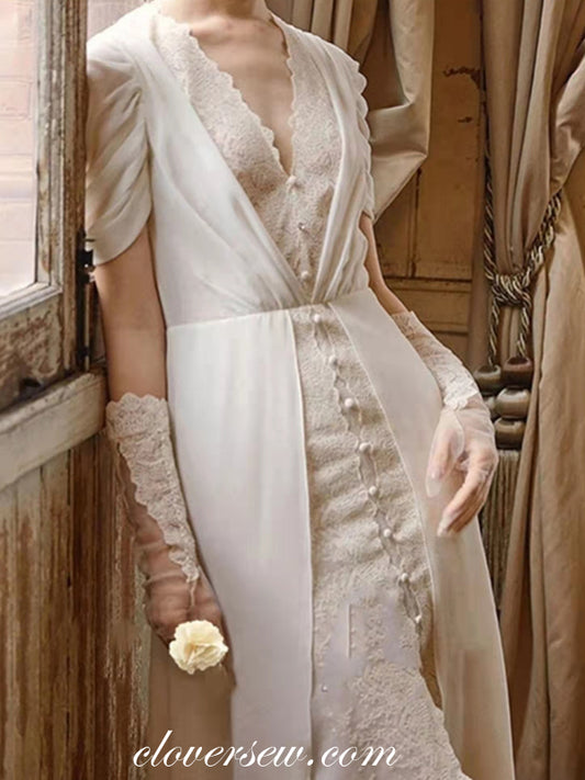 White Chiffon Vintage Lace With Slit Sheath Wedding Dresses, CW0279