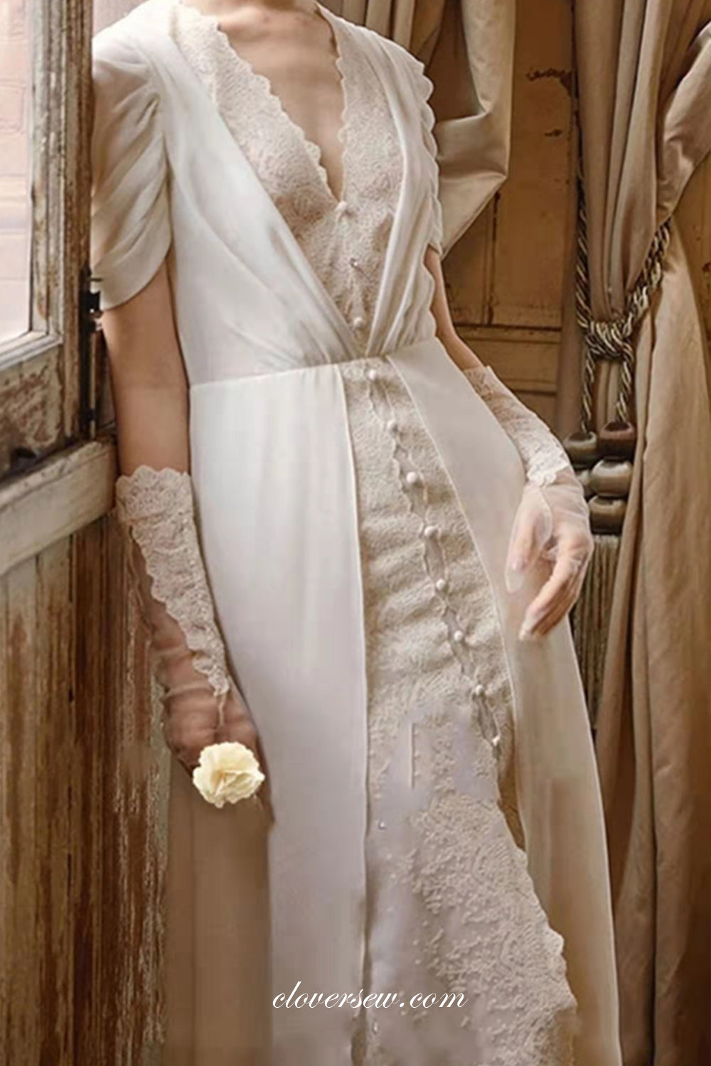White Chiffon Vintage Lace With Slit Sheath Wedding Dresses, CW0279