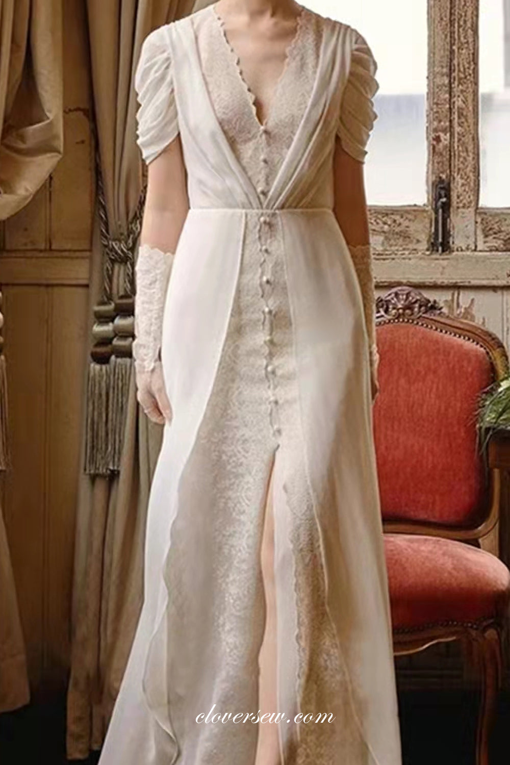 White Chiffon Vintage Lace with Slit Sheath Wedding Dresses, CW0279 US4 / As Pic White Chiffon Vintage Lace with Slit Sheath Wedding Dresses, CW0279 US4 / As Pic