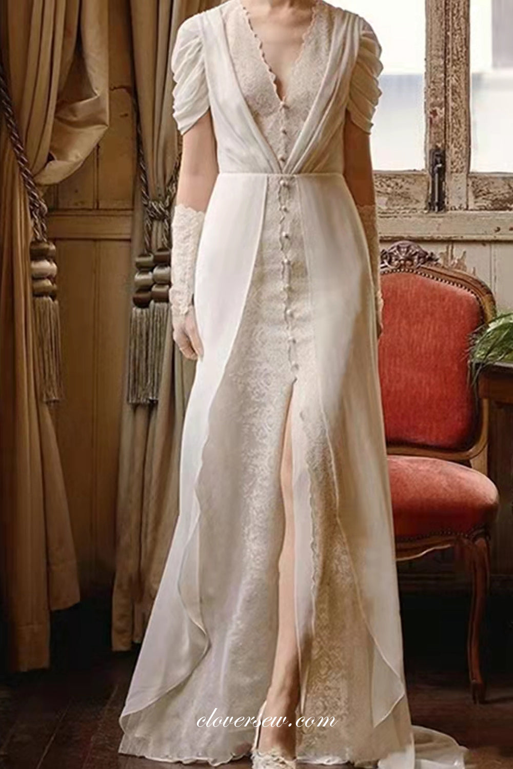 White Chiffon Vintage Lace With Slit Sheath Wedding Dresses, CW0279