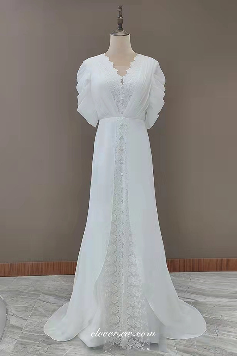 White Chiffon Vintage Lace with Slit Sheath Wedding Dresses, CW0279 US4 / As Pic White Chiffon Vintage Lace with Slit Sheath Wedding Dresses, CW0279 US4 / As Pic