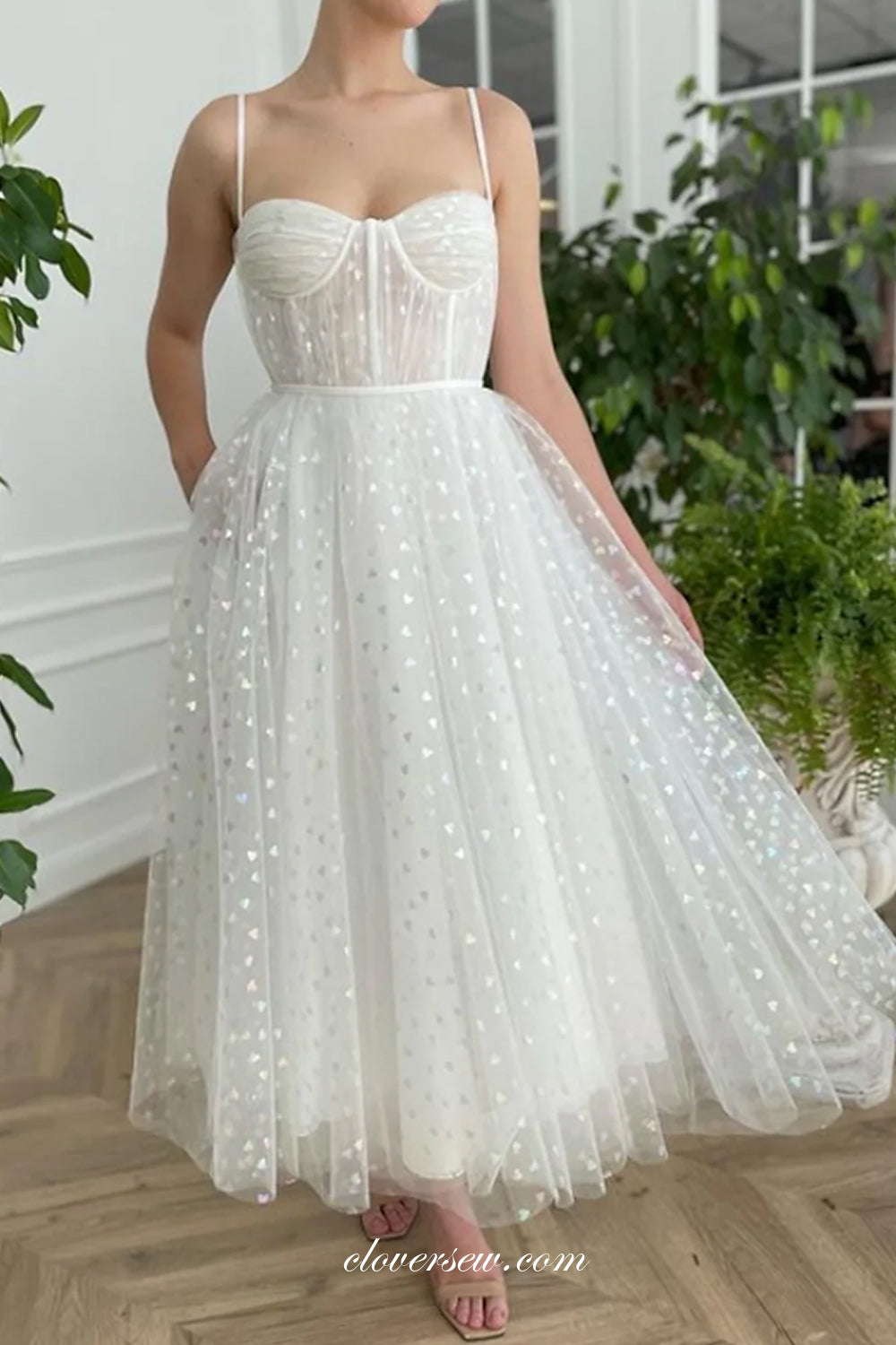 White Heart Embroidery Spaghetti Strap Ankle Length Wedding Dresses, CW0313 US8 / As Pic White Heart Embroidery Spaghetti Strap Ankle Length Wedding Dresses, CW0313 US8 / As Pic