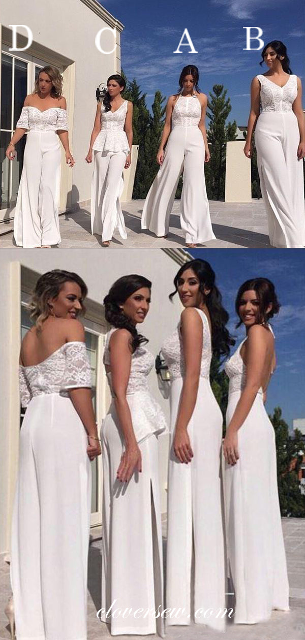 White Lace Chiffon Mismatched Jumpsuit Bridesmaid Dresses, CB0193