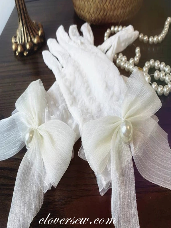 White Lace Gloves With Bowknot for Bridal Wedding Party, CG0007