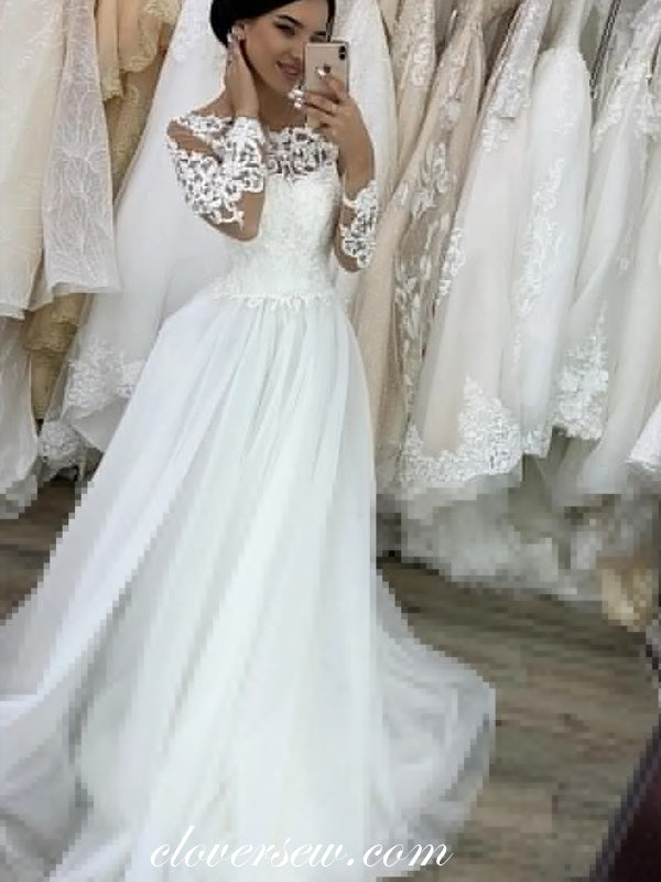 White Lace Long Sleeves A-line Elegant Wedding Dresses, CW0201