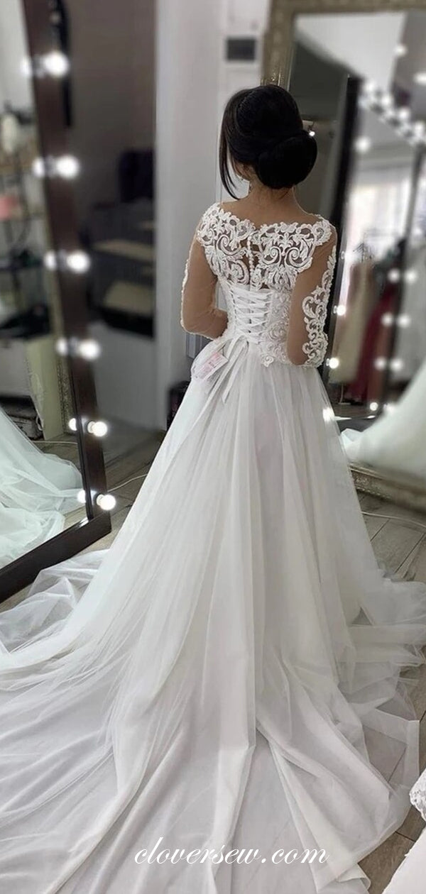 White Lace Long Sleeves A-line Elegant Wedding Dresses, CW0201