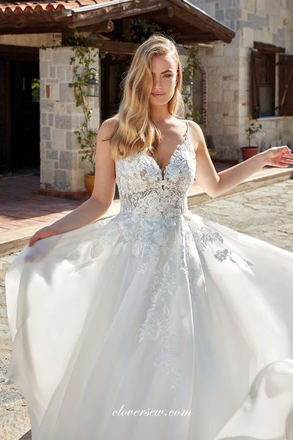 White Lace Organza V-neck Backless A-line Wedding Dresses, CW0333