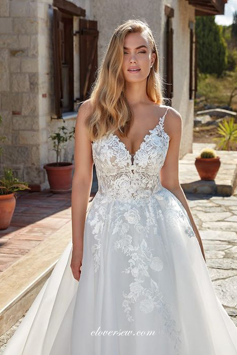 White Lace Organza V-neck Backless A-line Wedding Dresses, CW0333
