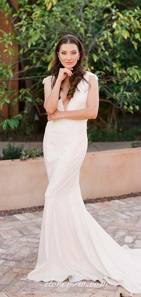 White Lace Satin Mermaid Cap Sleeves Elegant Wedding Dresses, CW0226