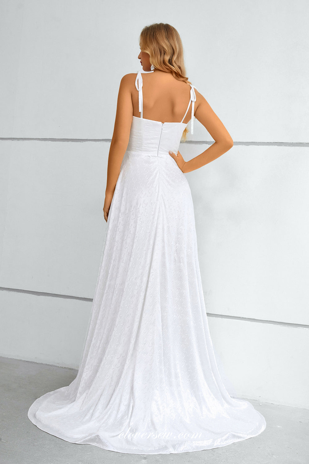 White Printed Sleeveless A-line Side Slit Prom Dresses, CP0907