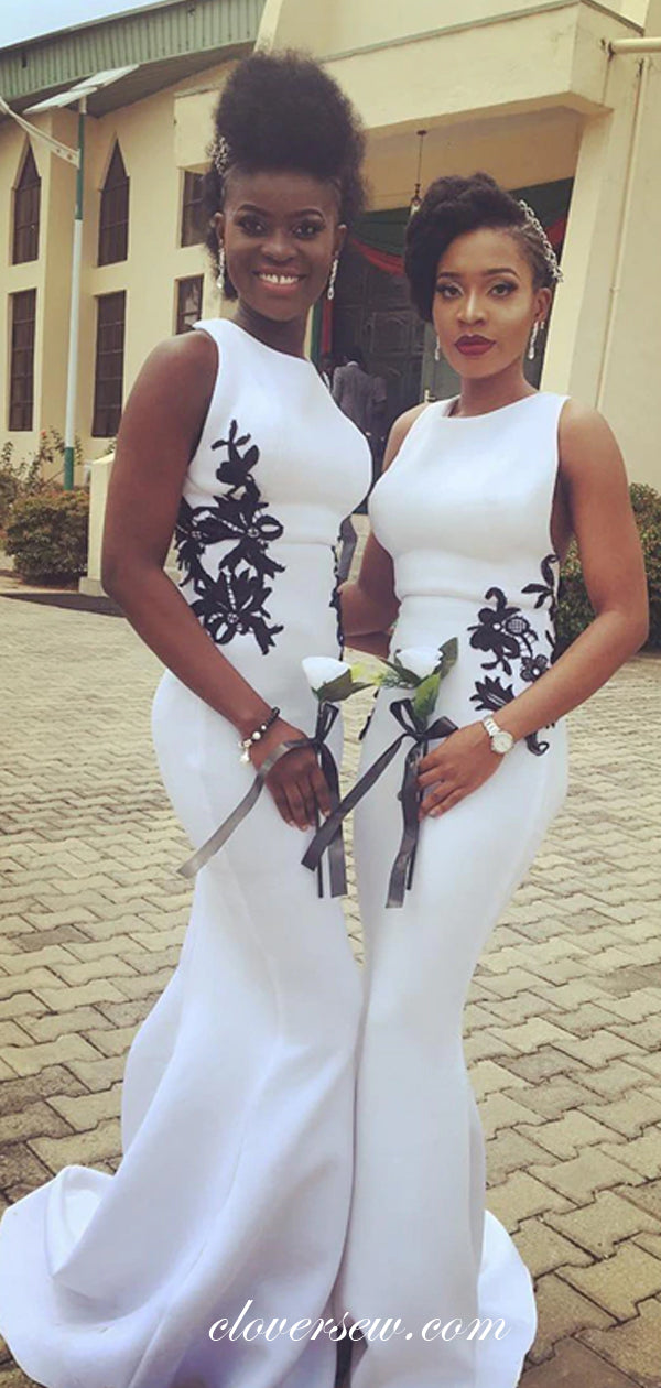 White Satin Black Applique Mermaid Bridesmaid Dresses, CB0204 clover sew White Satin Black Applique Mermaid Bridesmaid Dresses, CB0204 clover sew