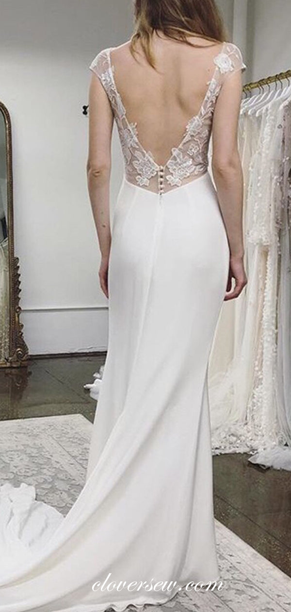White Satin Cap Sleeves V-neck Sheath Lace Slit Wedding Dresses,CW0136