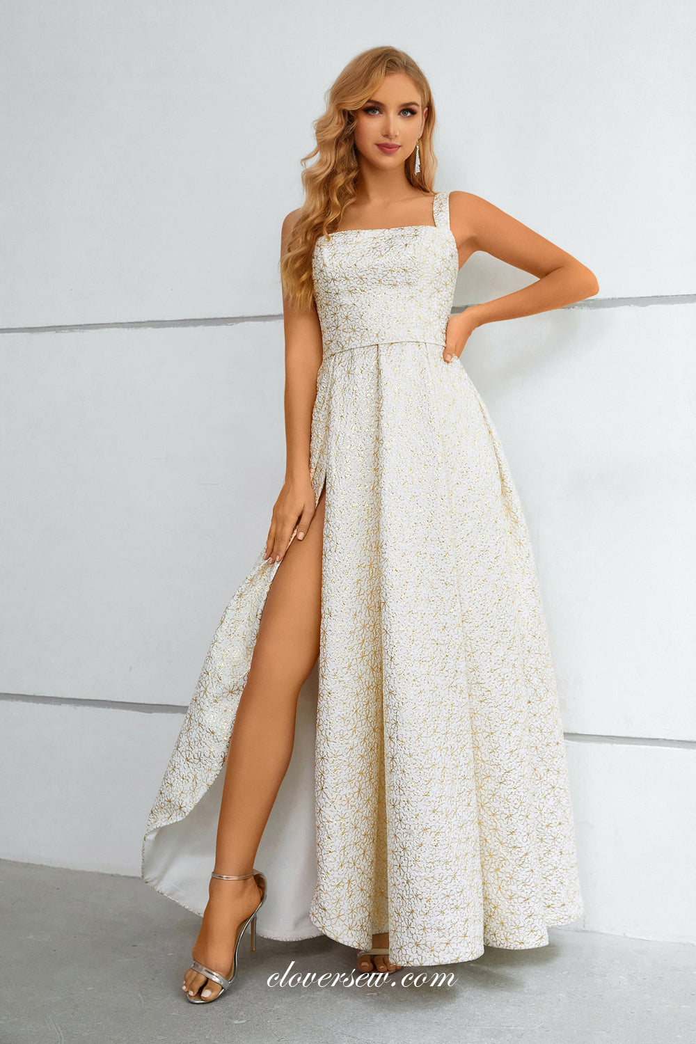 White Satin Gold Lace Square Neck A-line Side Slit Prom Dresses, CP0913