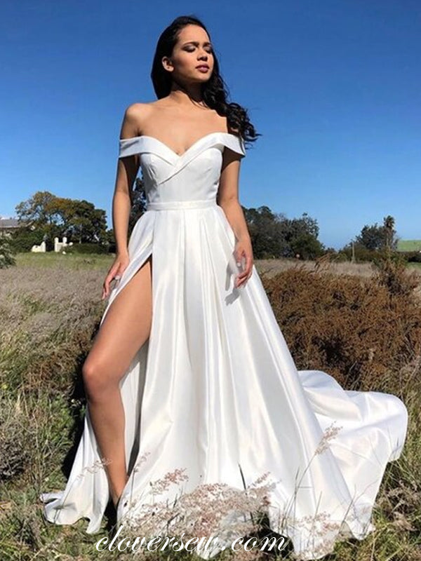 White Satin Off The Shoulder A-line Prom Dresses, CP0601