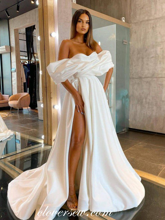 White Satin Off The Shoulder High Slit Fashion Wedding Dresses, CW0327