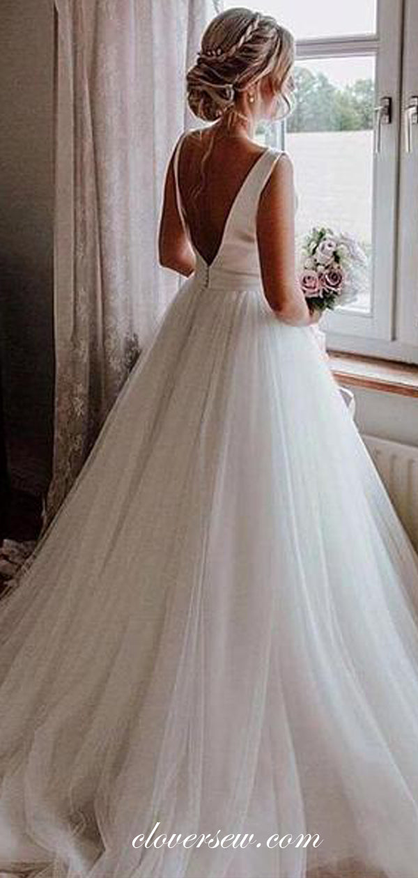 White Satin Tulle Round Neck Sleeveless Backless Wedding Dresses,CW0134