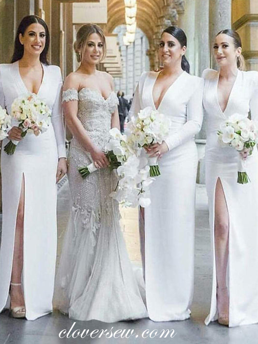 White Satin V-neck Long Sleeves Side Slit Bridesmaid Dresses, CB0199