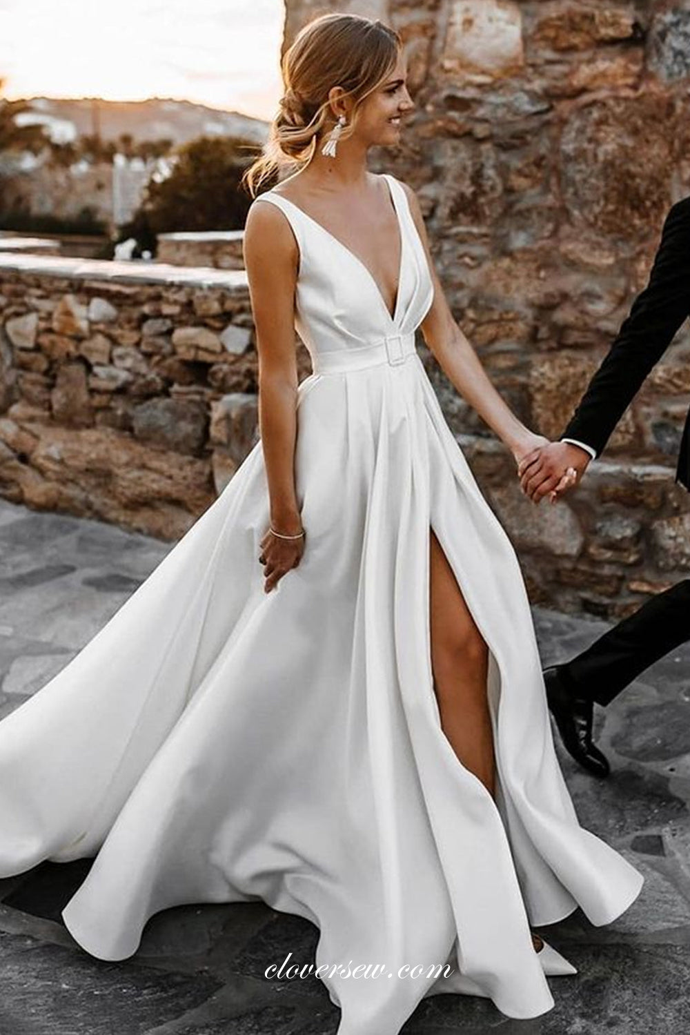 White Satin V-neck Sleeveless A-line With Slit Wedding Dresses, CW0332 White Satin V-neck Sleeveless A-line With Slit Wedding Dresses, CW0332