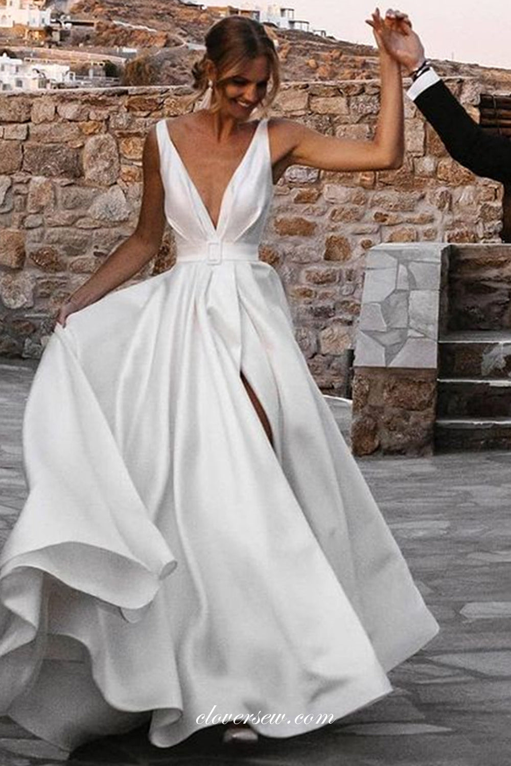 White Satin V-neck Sleeveless A-line With Slit Wedding Dresses, CW0332