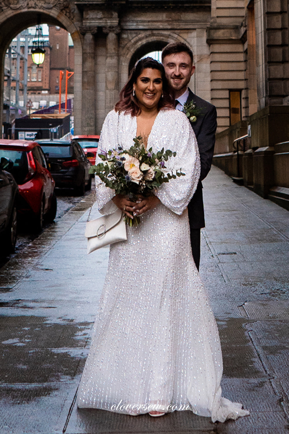White Sequin Long Sleeves V-neck Boho Wedding Dresses, CW0246