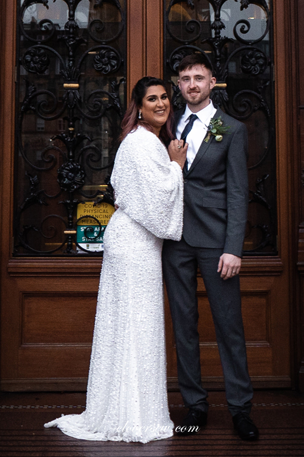 White Sequin Long Sleeves V-neck Boho Wedding Dresses, CW0246
