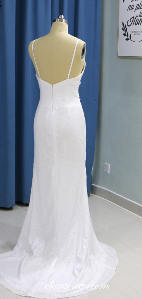 White Sequin Spaghetti Strap Sheath Sexy Wedding Dresses, CW0178