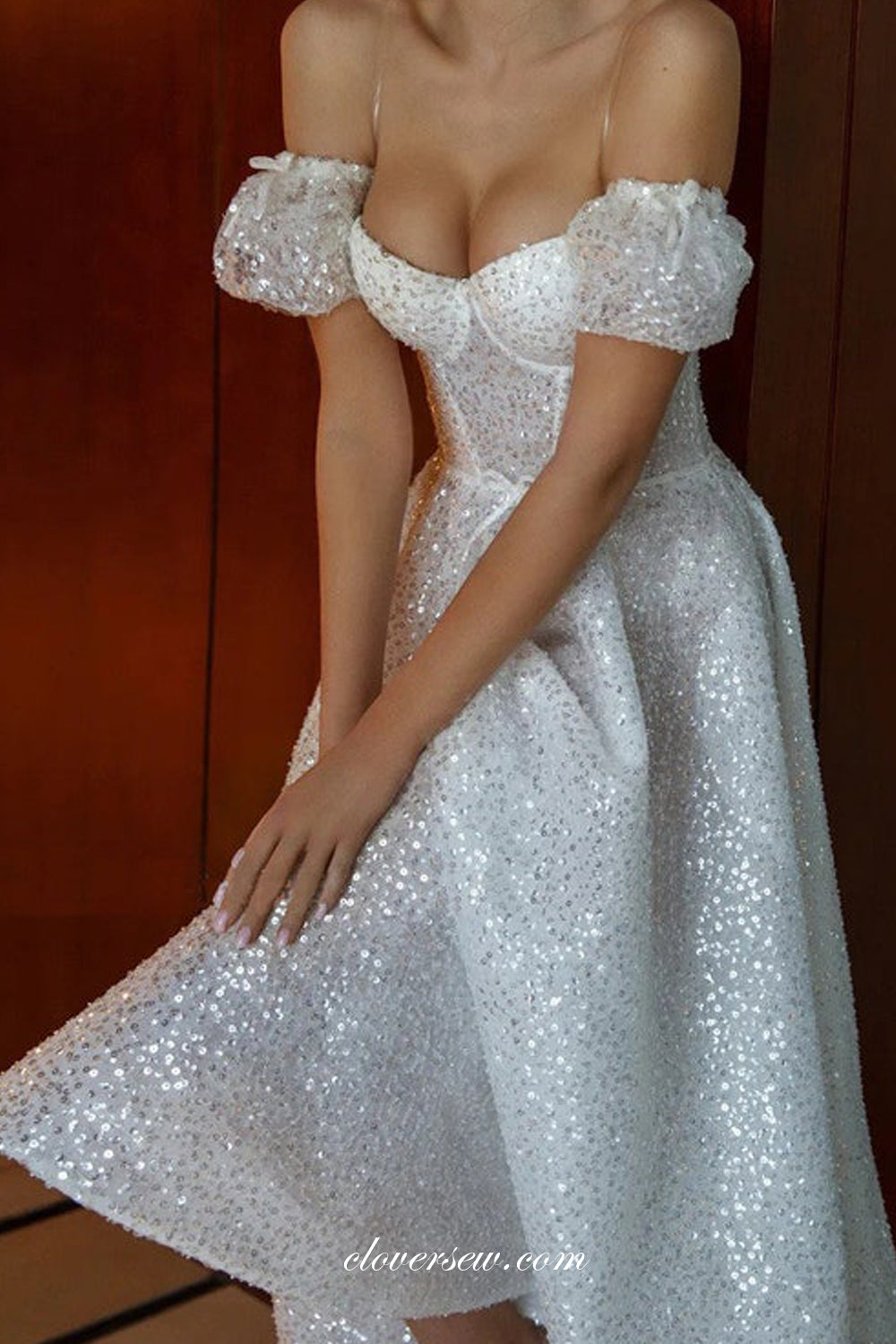 White Sequined Tulle Off The Shoulder Sweetheart Short Wedding Dresses, CW0350