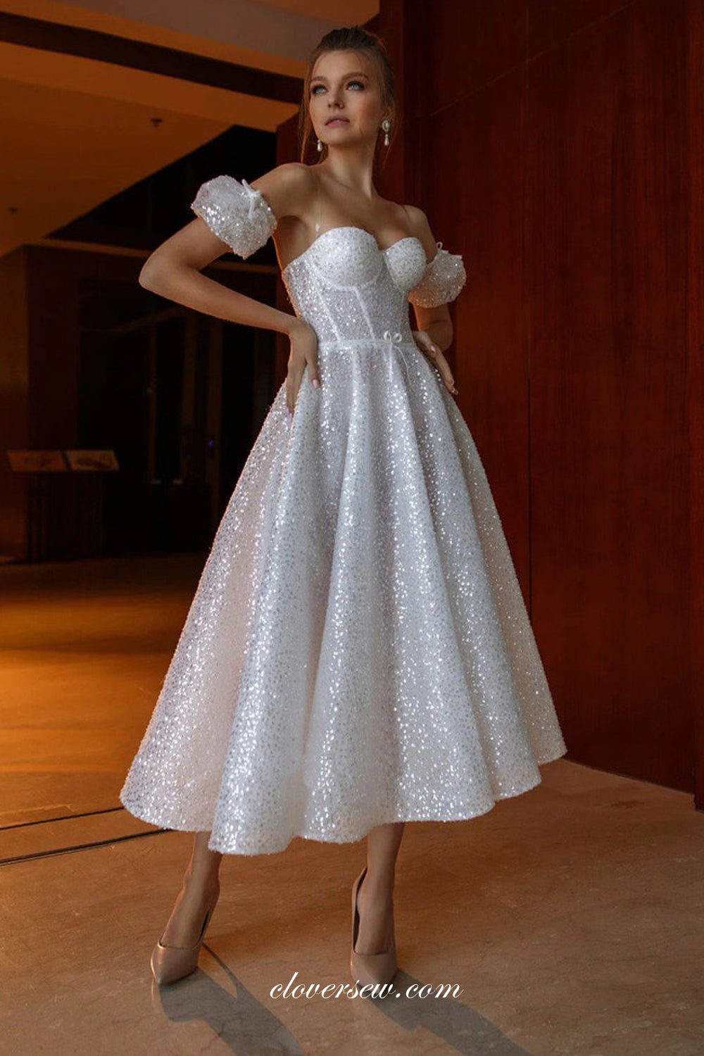 White Sequined Tulle Off The Shoulder Sweetheart Short Wedding Dresses, CW0350