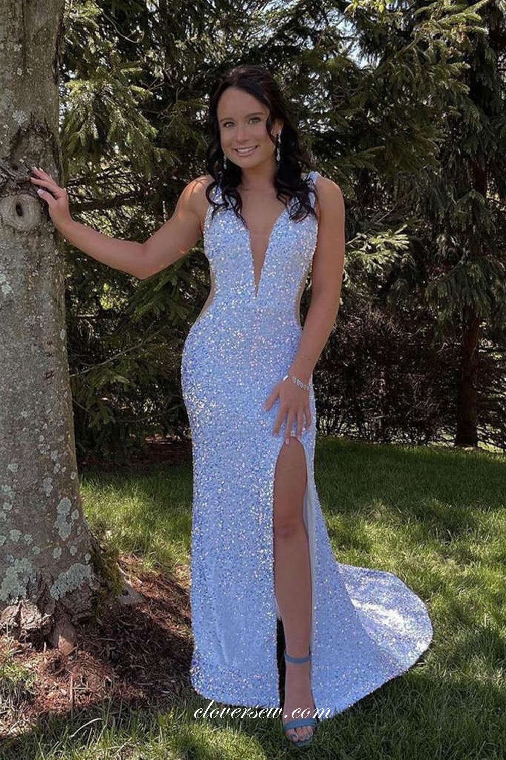 White Sequined Tulle Sexy Open Back Side Slit Mermaid Prom Dresses, CP clover sew White Sequined Tulle Sexy Open Back Side Slit Mermaid Prom Dresses, CP clover sew