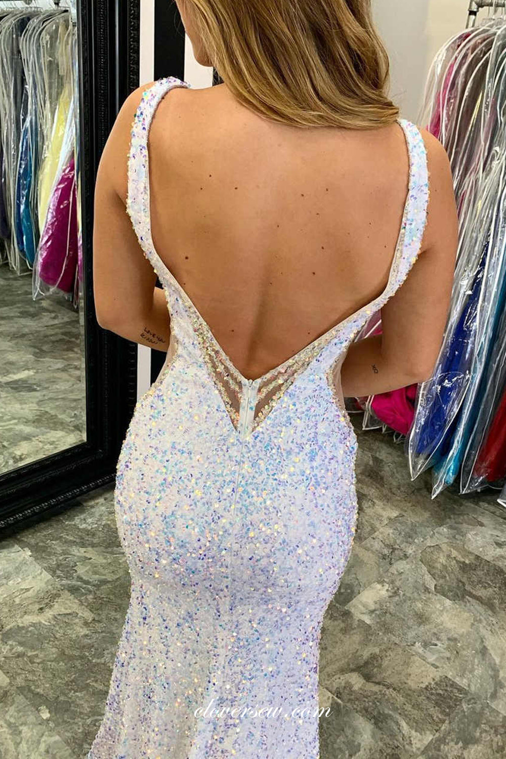 White Sequined Tulle Sexy Open Back Side Slit Mermaid Prom Dresses, CP0885