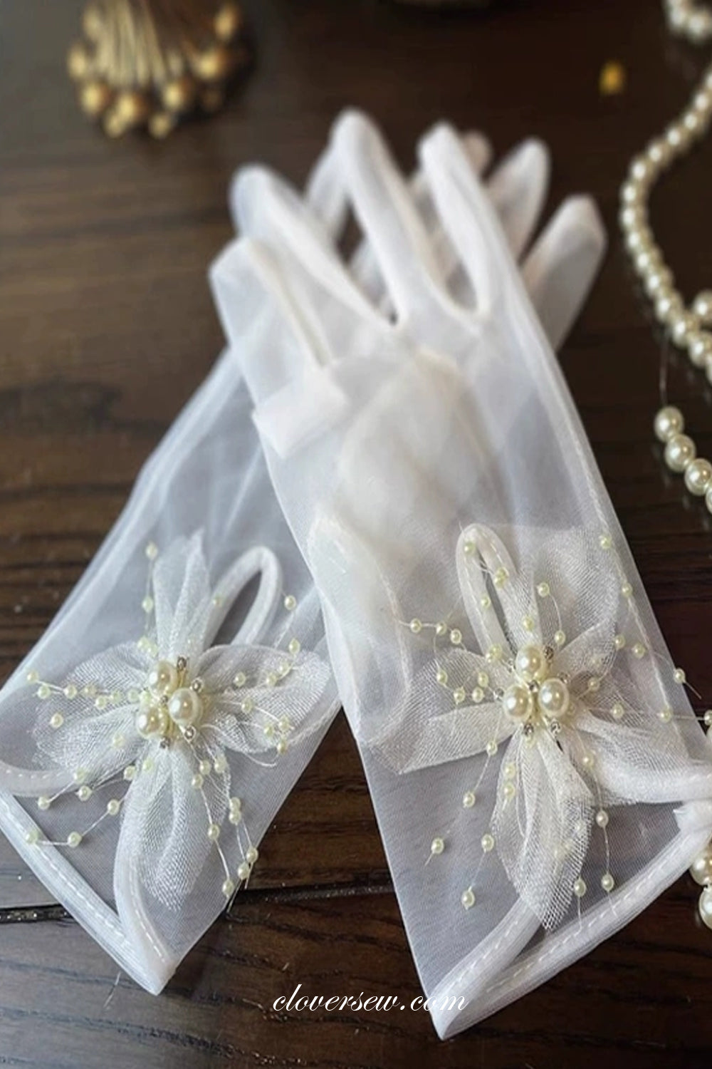 White Tulle Gloves With Handmade Flowers for Bridal Wedding Party, CG0005
